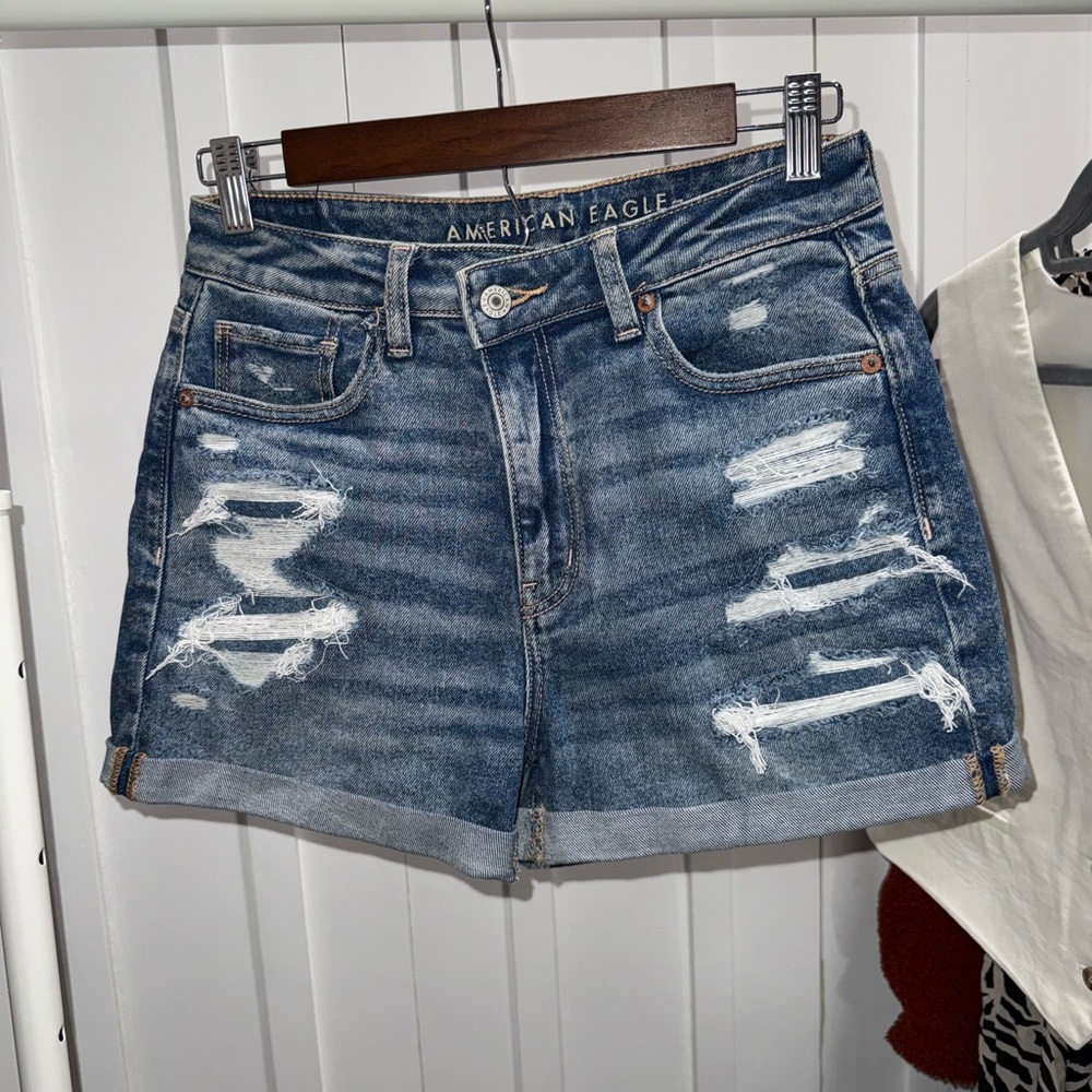 American Eagle Outfitters Women's Ripped Jean Shorts - Dark Blue